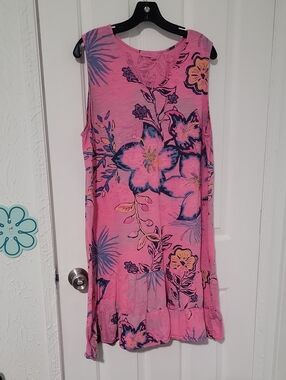 Fresh Produce 100% Cotton Pink Tropical Floral Knee Length Tank Dress Size XXL